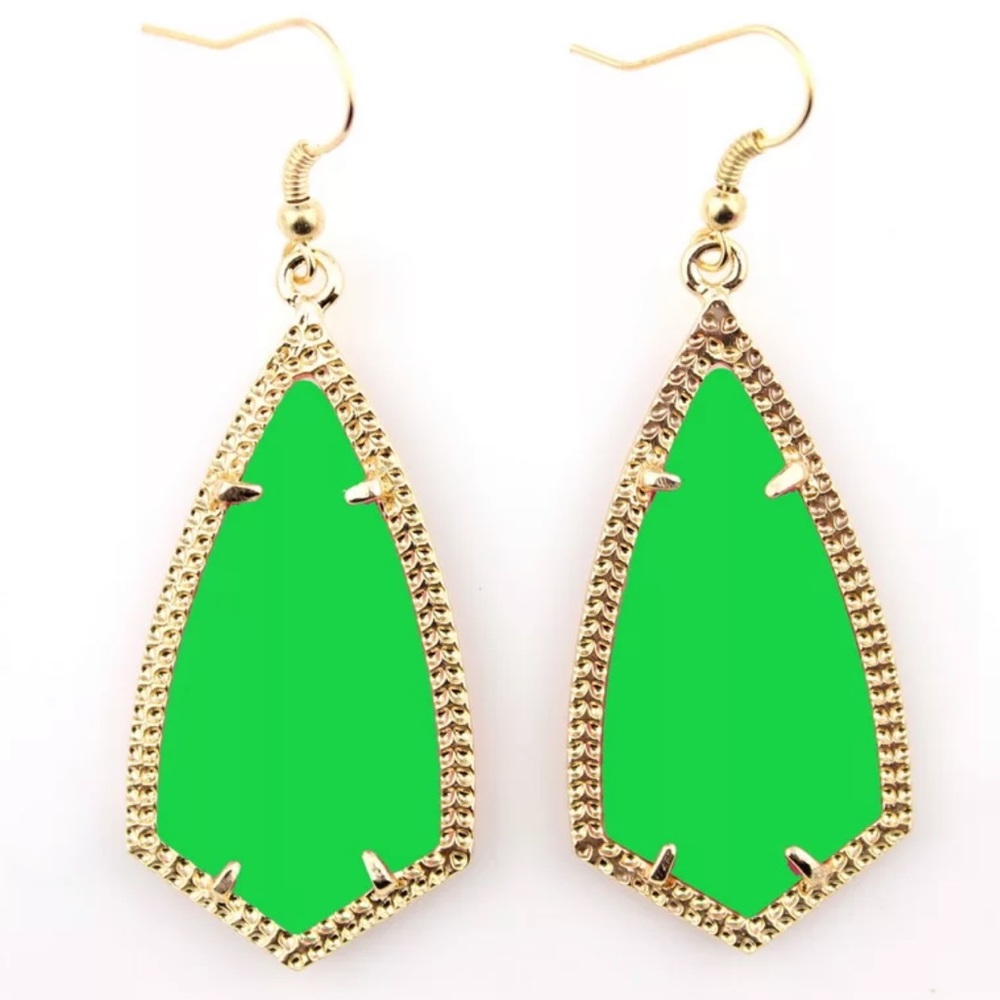 Arrow Shaped Chandelier Earrings vibrant colors Green Goldtone